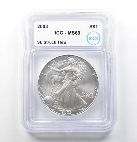 2003 American Silver Eagle Mint Error Struck Thru MS69 ICG *0037