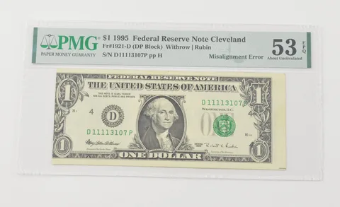 About UNC 53 EPQ 1995 $1 FRN Cleveland - FR#1921-D Misalignment Error PMG a6580
