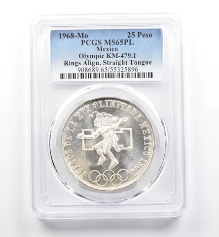 1968 Mo Mexico 25 Pesos Olympic Rings Align Straight Tongue MS65 PL PCGS *0169