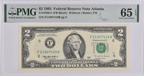 $2 1995 Atlanta, GA US Federal Reserve Note PMG Gem Unc 65 EPQ Fr#1936-F