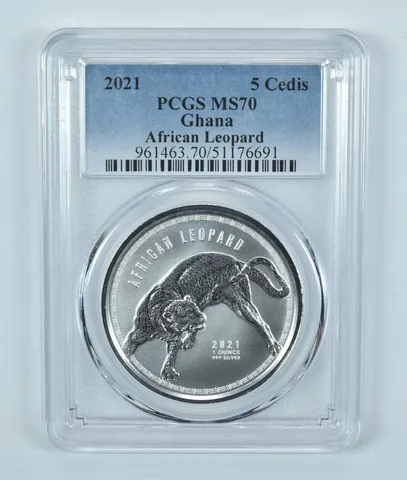 2021 Ghana 5 Cedis Silver African Leopard MS70 PCGS