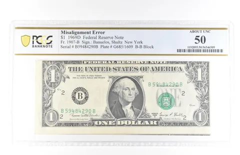 1969 D $1 New York NY FRN Misalignment Error Fr#1907-B About Unc 50 PCGS *5803