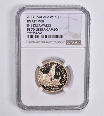 2013-S Sacagawea $1 Treaty with the Delawares PF70 UCam NGC Brown Lbl