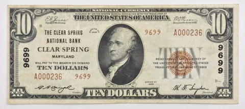 1929 $10 Clear Spring, MD US National Currency Note Brown Seal 9699 a1914