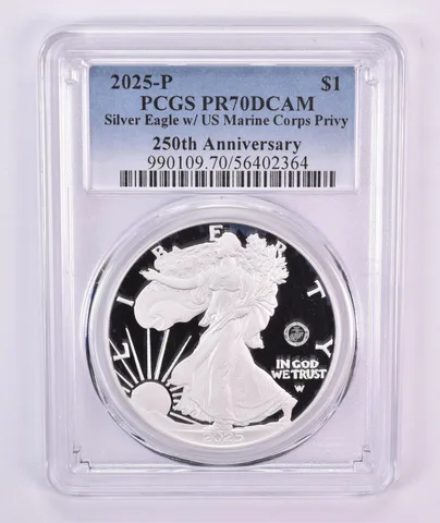 2025-P American Silver Eagle Marine Corps Privy PR70 DCAM PCGS