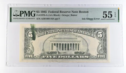 1985 $5 Boston MA FRN Ink Smear Error Fr#1978-A About Unc 55 EPQ PMG *9454