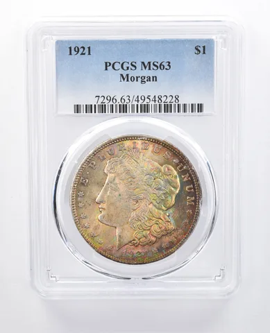 1921 Morgan Silver Dollar MS63 PCGS Rainbow Tone *8042