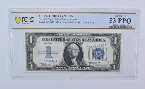 1934 $1 Silver Certificate Fr#1606 Blue Seal About Unc 53 PPQ PCGS *8097
