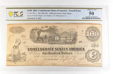 1862 $100 Confederate States America Large Note T-40 CR-298/300 AU 50 PCGS *4145