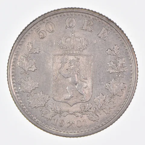 Better Date - 1901 Norway 50 Ore World Coin- Silver *391