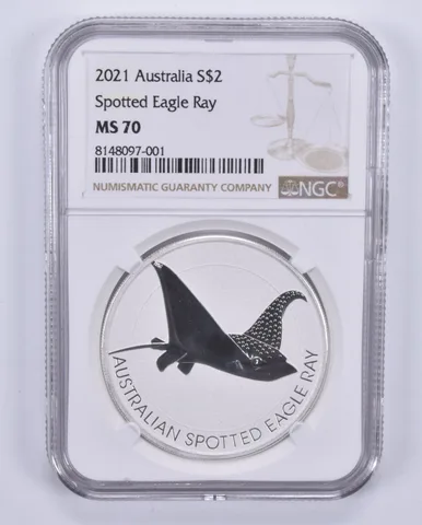 2021 Australia 2 Dollars Silver Spotted Eagle Ray MS70 NGC Brown Label