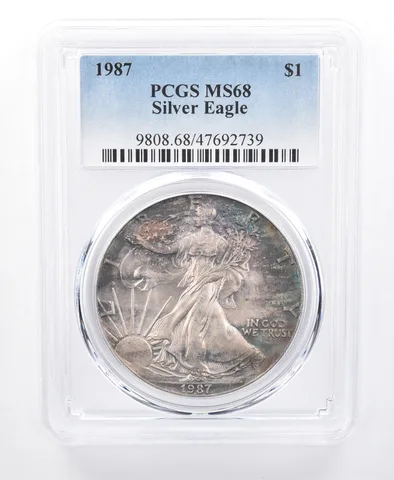 1987 American Silver Eagle MS68 PCGS Purple/Green Tone *8628