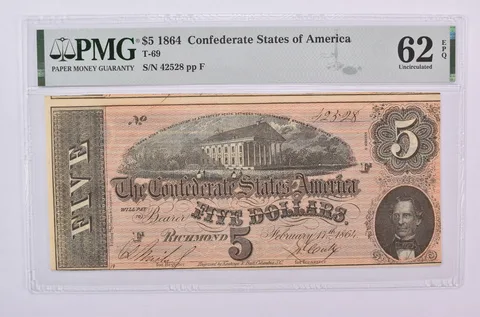 1864 $5 Confederate States Of America T-69 Uncirculated 62 EPQ PMG