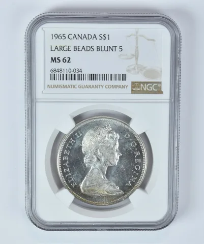 MS62 1965 Canada Silver $1 Large Beads Blunt 5 NGC Beautiful Tone Reverse *5336