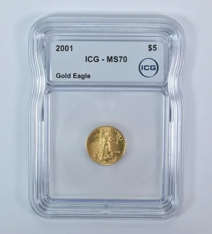 2001 $5 American Gold Eagle 1/10 Oz Gold MS70 ICG
