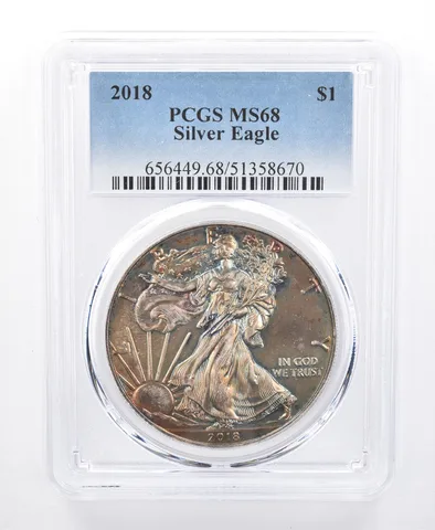 2018 American Silver Eagle MS68 PCGS Blue/Green Tone *8620