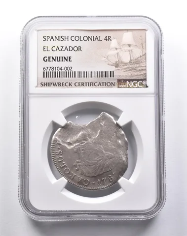 Genuine 1783 El Cazador Spanish Colonial 4 Reales NGC Shipwreck Cert*3676