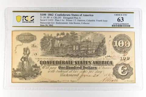 1862 $100 Confederate States America T-39 PF-4 CR-293 Choice Unc 63 PCGS *4450