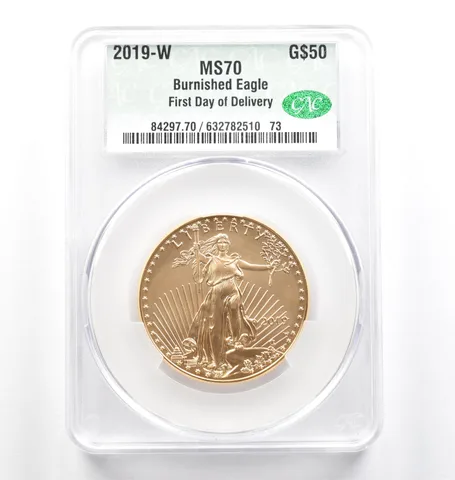 2019-W $50 Burnished Gold Eagle First Day Of Delivery 1 Oz MS70 CAC CACg *9819