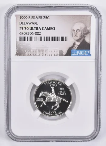 1999-S Silver Washington Quarter Delaware PF70 UCAM NGC Special Label