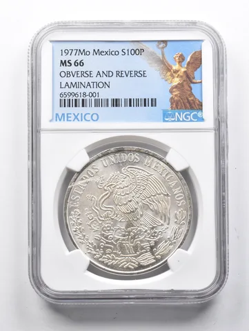 MS66 1977 Mo Mexico 100 Pesos Silver OBV & REV Lamination NGC *1421