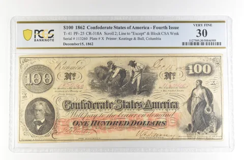 1862 $100 Confederate States America Large Note T-41 CR-318A VF30 PCGS *4150