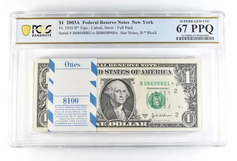(100) 2003 A $1 New York NY FRN Fr#1930-B* Pack Star Notes Unc 67 PPQ PCGS *0202