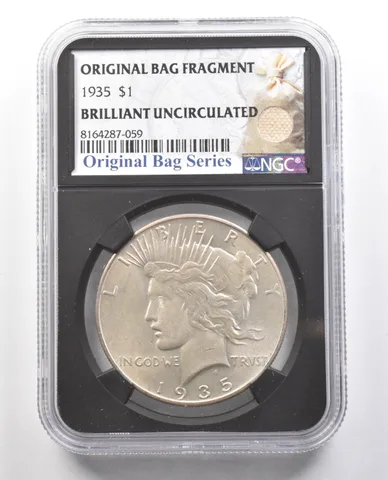 1935 Silver Peace Dollar Original Bag Fragment BU NGC a4378
