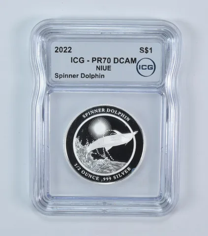 2022 Niue 1 Dollar Silver Spinner Dolphin 1/2 Oz Silver PR70 DCAM ICG