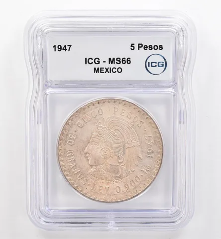 1947 Mo Mexico 5 Pesos MS66 ICG Beautiful Tone *9492