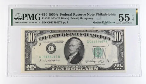 1950 A $10 Philadelphia PA FRN Gutter Fold Error Fr#2011-C AU 55 EPQ PMG *9398