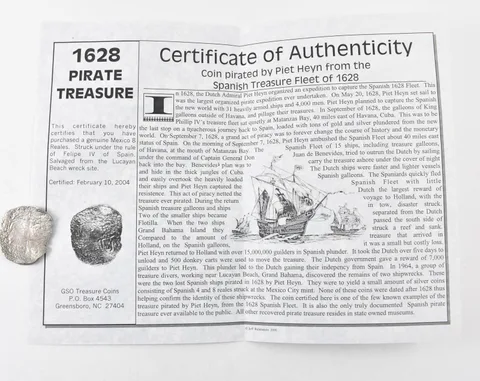 1600's Mexico 8 Reales Lucayan Beach Shipwreck W/ CoA *9078