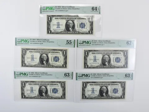 1934 $1 Silver Certificate Fr#1606 CU 64/63/62/AU 55 EPQ PMG Consecutive a7048