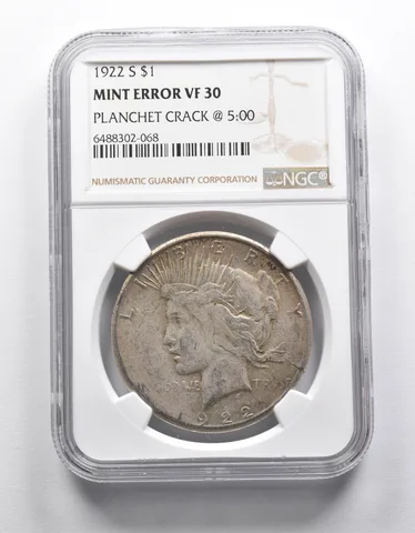 Mint Error VF30 1922-S Peace Silver Dollar Planchet Crack @5:00 NGC a1901