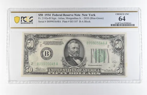 1934 $50 New York NY FRN Fr#2102a-B DGS (Blue-Green) Choice Unc 64 PCGS *7907