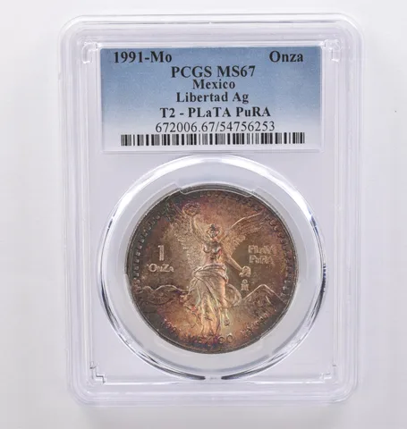 1991 Mo Mexico 1 Onza Silver Libertad Type 2 PLaTA PuRA MS67 PCGS Toned *8947