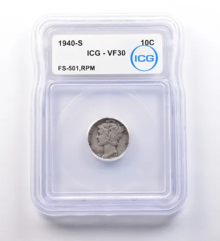 1940-S Mercury Dime FS-501 RPM VF30 ICG *9730