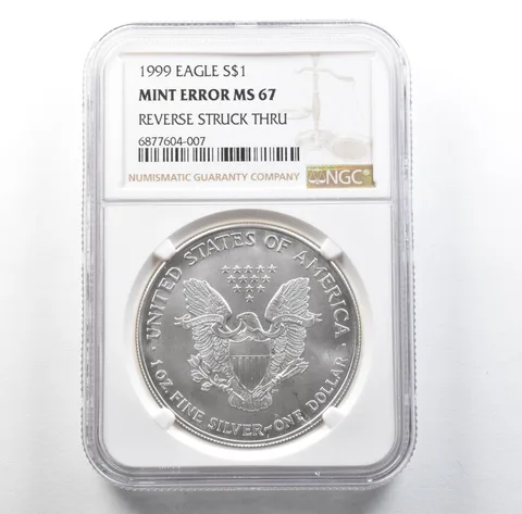 1999 American Silver Eagle Mint Error Reverse Struck Thru MS67 NGC *3162