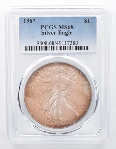 1987 American Silver Eagle MS68 PCGS Iridescent Tone *8398
