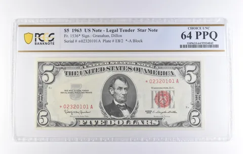 1963 $5 Legal Tender Star Note Fr#1536* Choice Unc 64 PPQ PCGS *8301