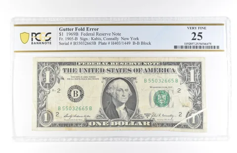 1969 B $1 New York NY FRN Gutter Fold Error Fr#1905-B Very Fine 25 PCGS *5823