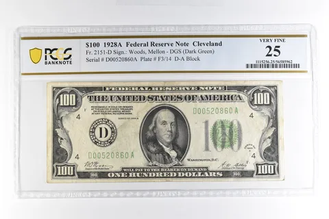 1928 A $100 Cleveland OH FRN FR#2151-D Dark Green Seal Very Fine 25 PCGS *4984
