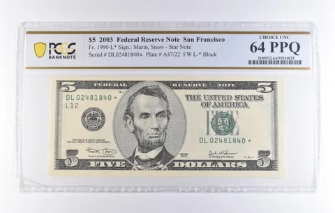 2003 $5 San Francisco CA FRN Star Note Fr#1990-L* Choice Unc 64 PPQ PCGS *8312