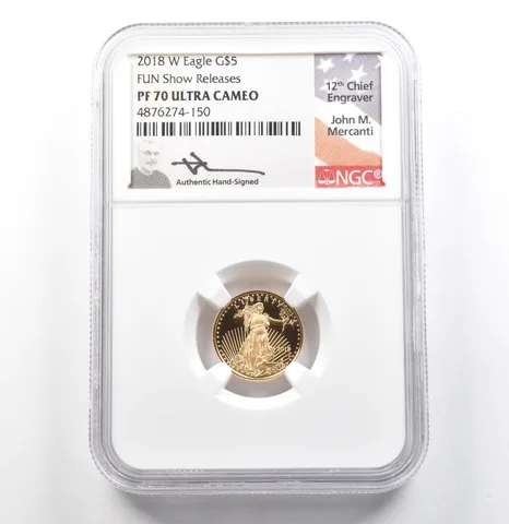 2018-W $5 American Gold Eagle FUN Show Mercanti 1/10 Oz PF70 UCAM NGC a0104