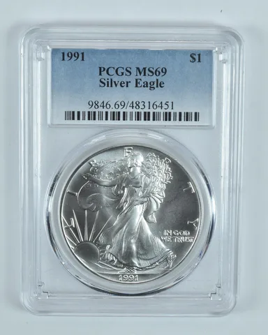 1991 American Silver Eagle 1 Oz MS69 PCGS Blue Label