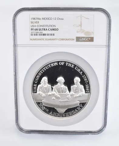 PF68 UCAM 1987 Mo Mexico 12 Onza Silver - USA Constitution - Graded NGC a8100