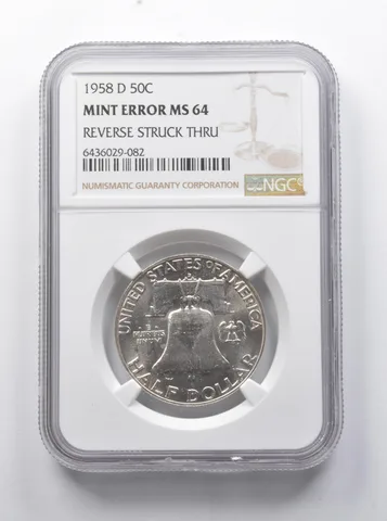 MINT ERROR MS64 1958-D Franklin Half Dollar REV Struck Thru NGC *7865