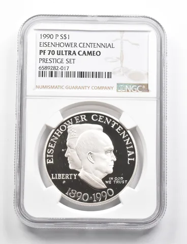 PF70 UCAM 1990-P Eisenhower Centennial Commem. Silver $1 Prestige Set NGC *9845