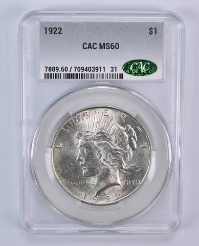 1922 Peace Silver Dollar MS60 CAC CACg