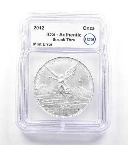 2012 Mo Mexico 1 Onza Silver Libertad Mint Error Struck Thru Authentic ICG *5053